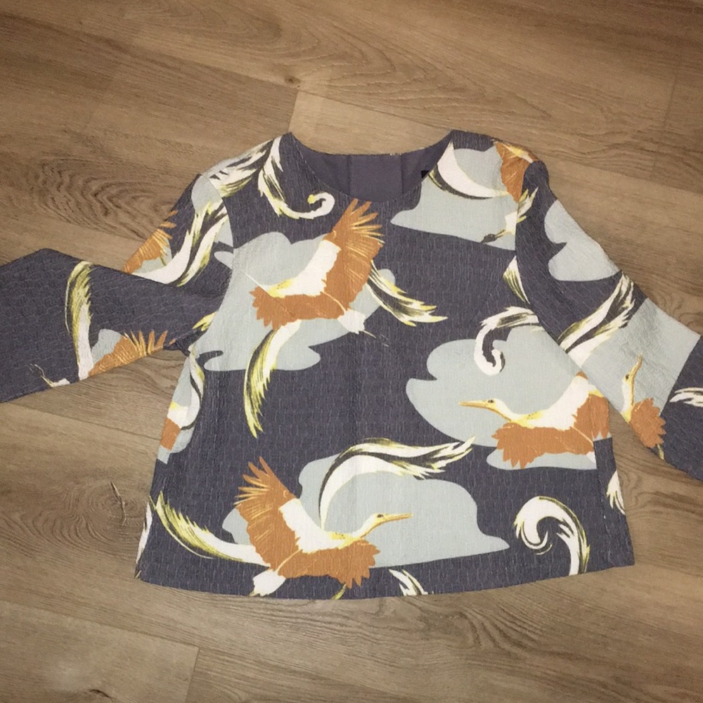 H & M LIMITED COLLECTION EUC TEXTURED CRANE PRINT SHIFT SHIRT SIZE 14